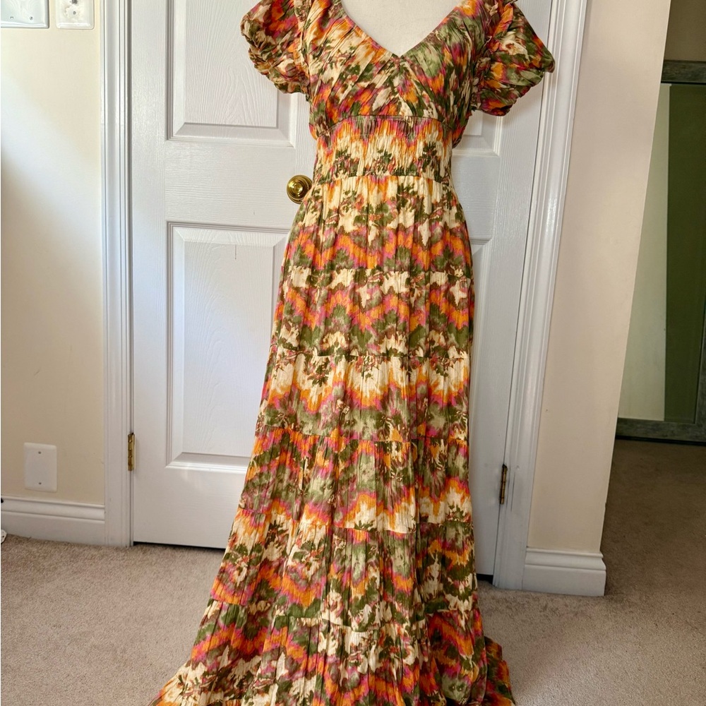 Caroline Constas Orange and Brown Ruffled Tiered Maxi Dress